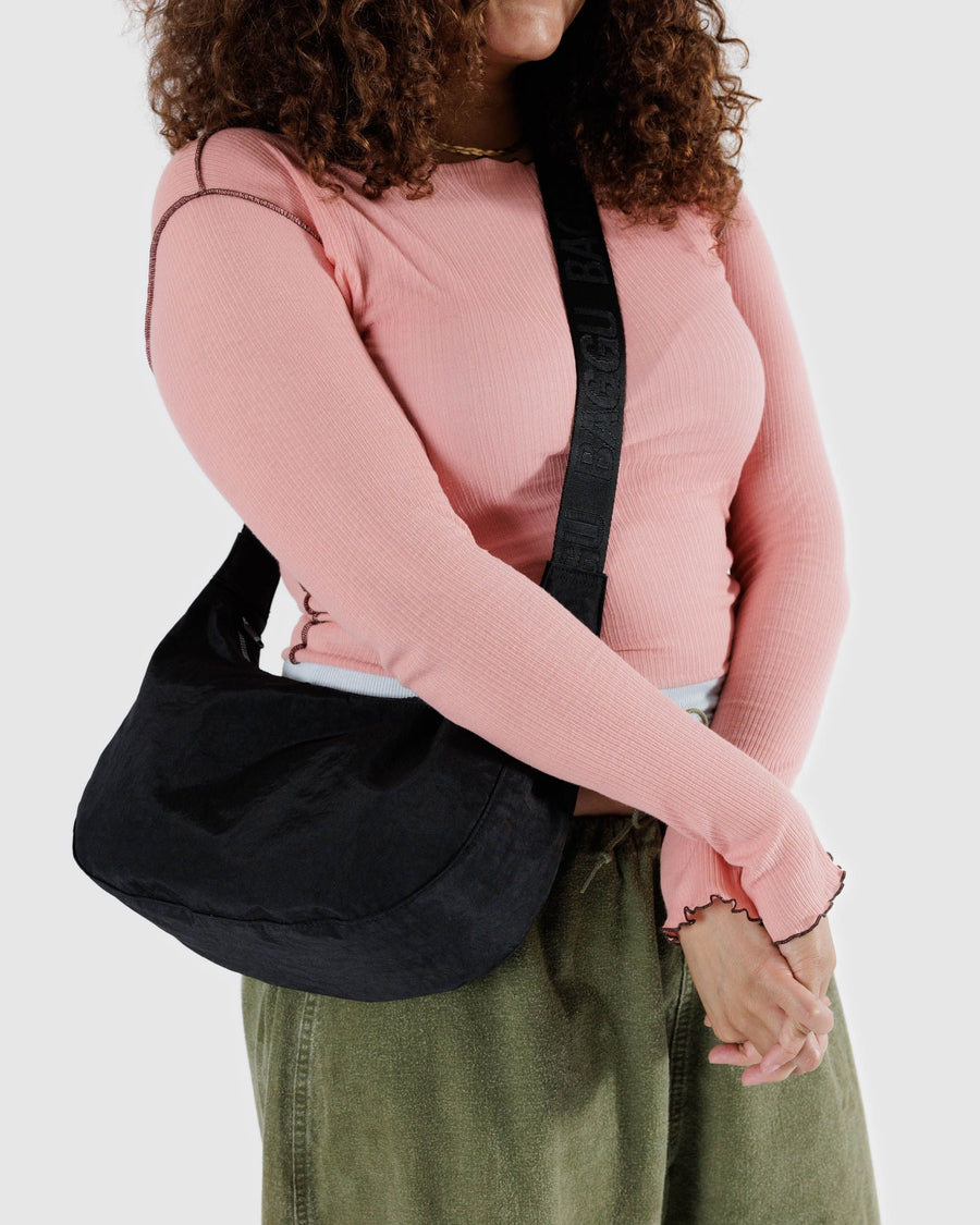 Medium Nylon Crescent Bag in Black