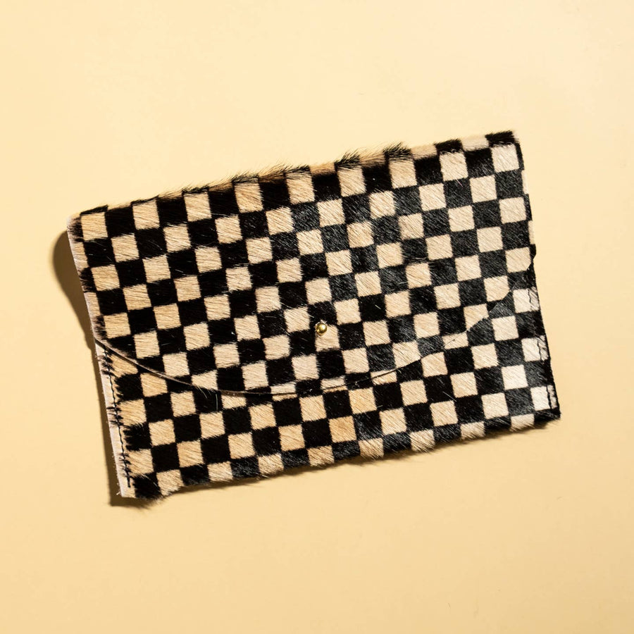 Tan Checkered Hair On Hide Envelope Pouch