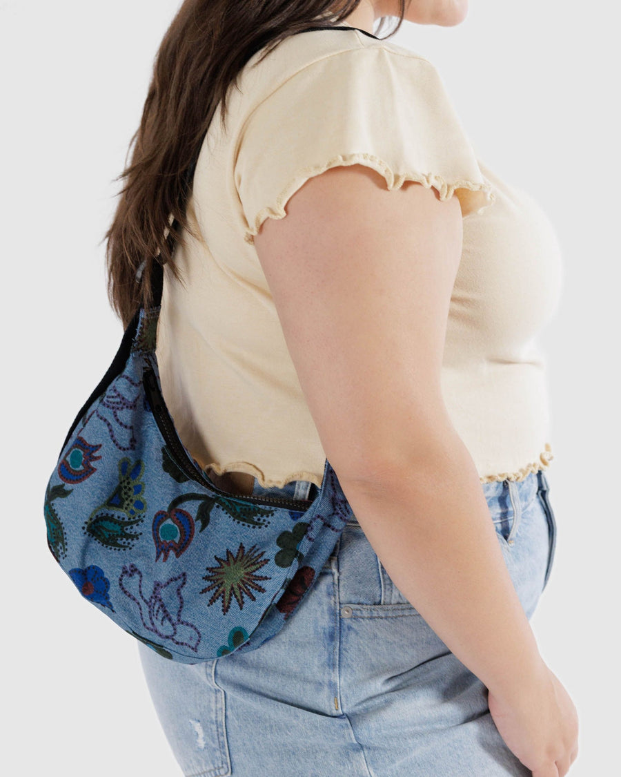 Small Nylon Crescent Bag in Digital Denim Birds