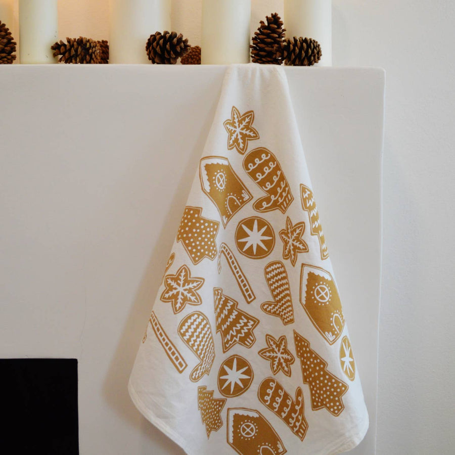 Gingerbread Toss On White Holiday Cookie Tea Towel