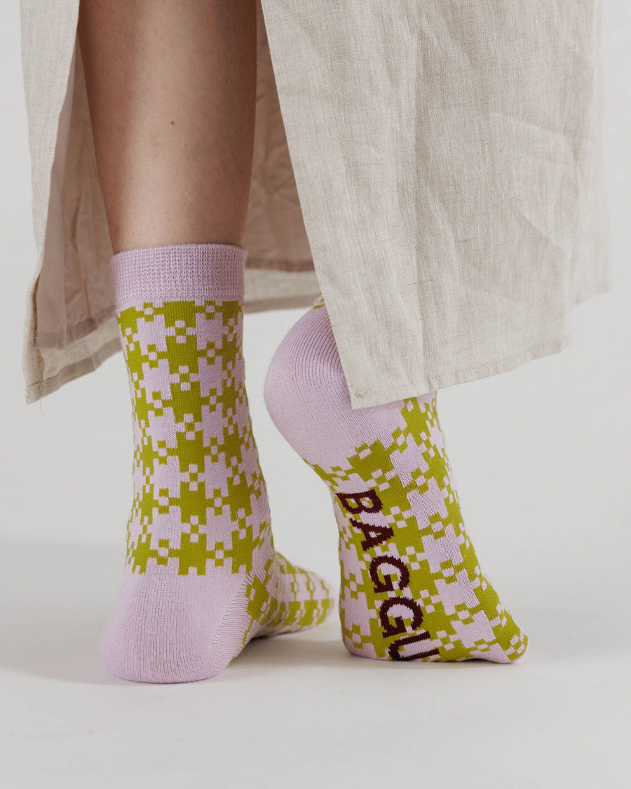 Crew Socks in Pink Pistachio Pixel Gingham