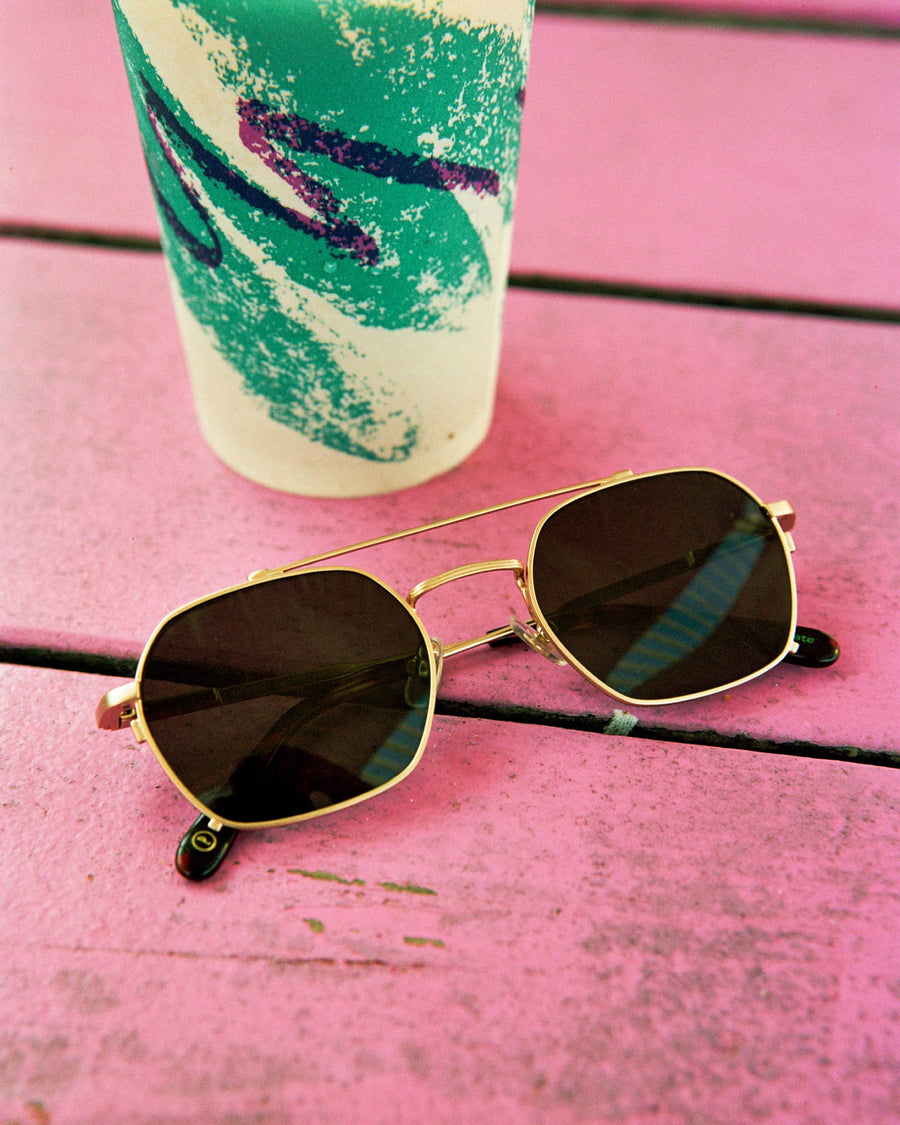 The Jazz Safari Sunglasses in Brushed Gold & Tortoise Bio / Polarized Grey