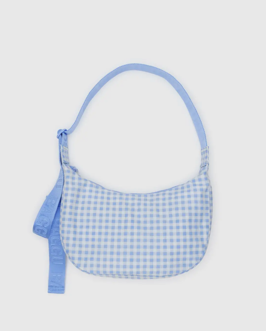 Medium Nylon Crescent Bag in Light Blue Gingham