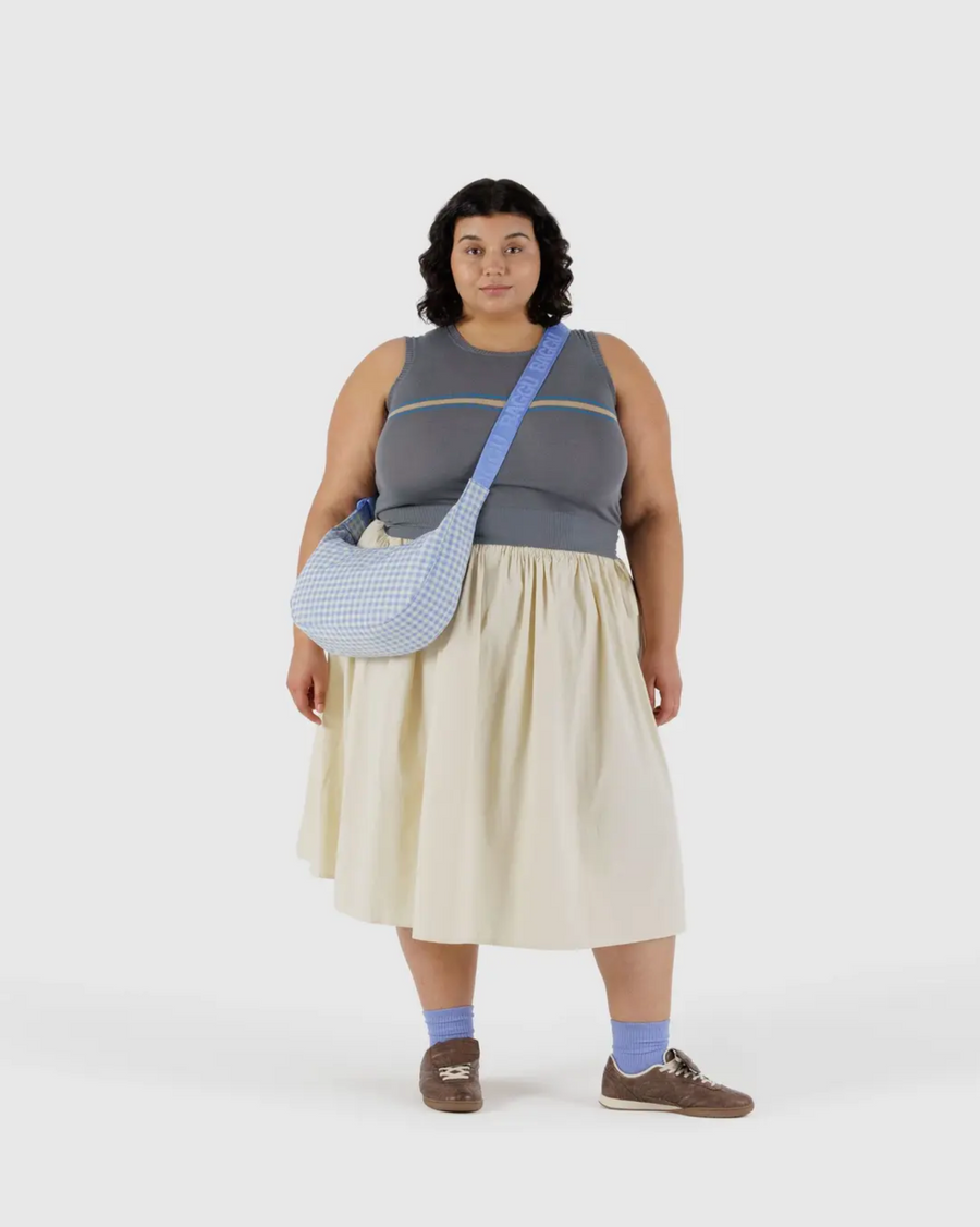 Medium Nylon Crescent Bag in Light Blue Gingham