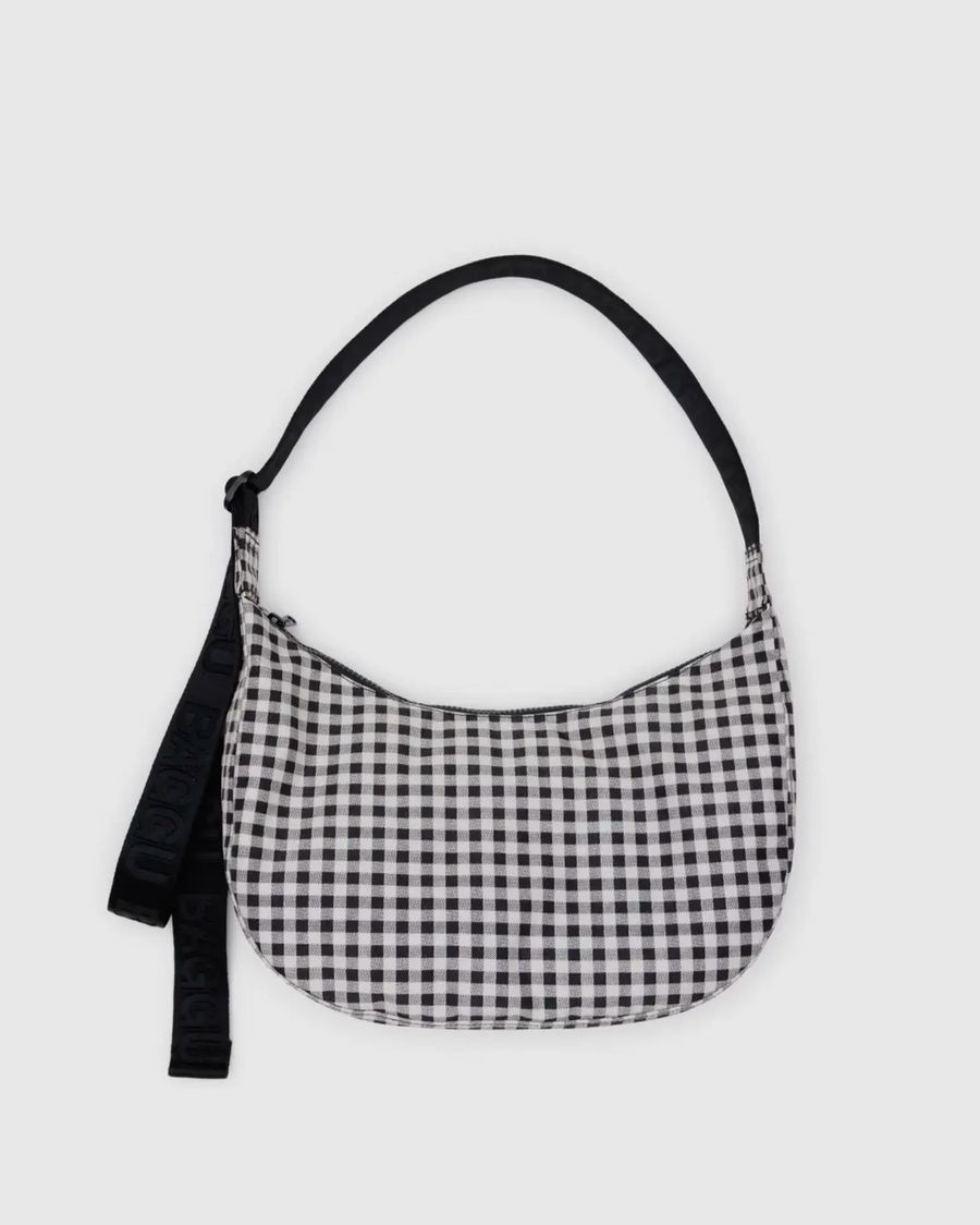 Medium Nylon Crescent Bag in Black & White Gingham