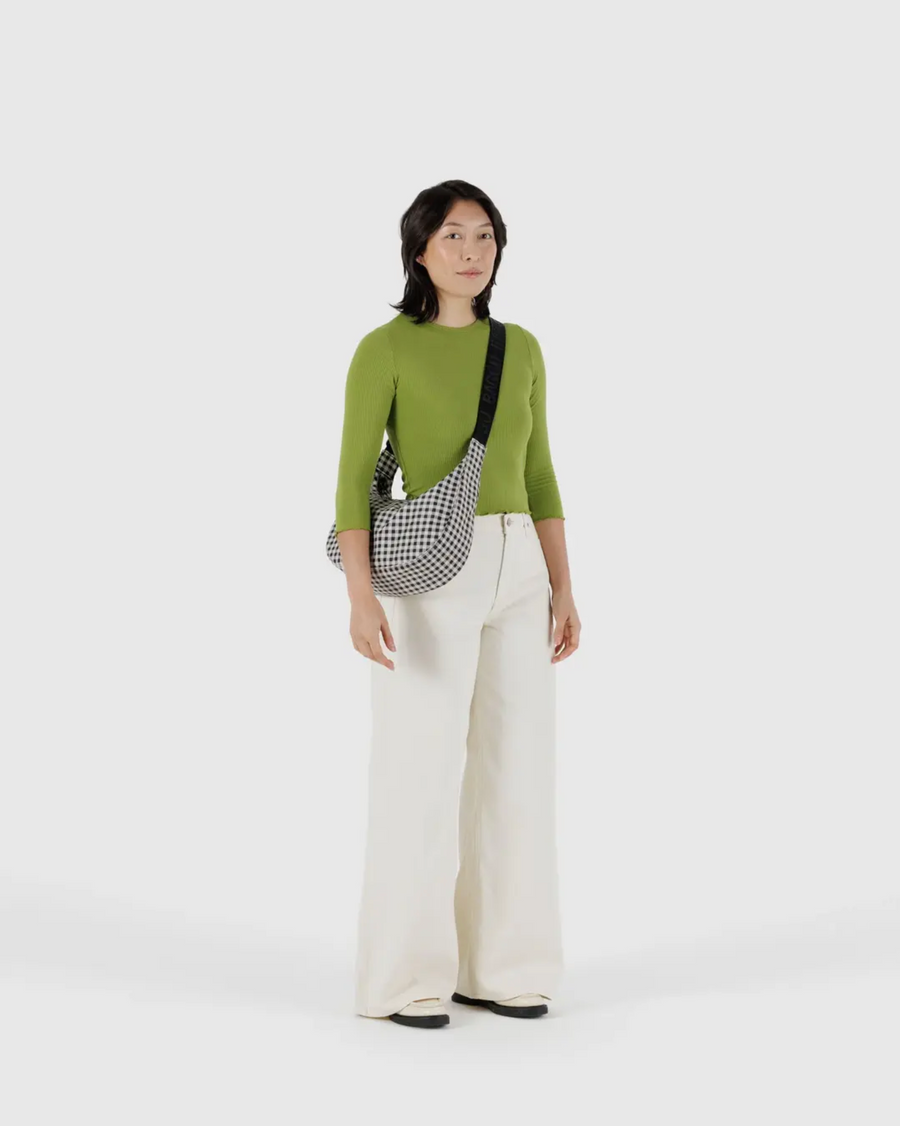 Medium Nylon Crescent Bag in Black & White Gingham
