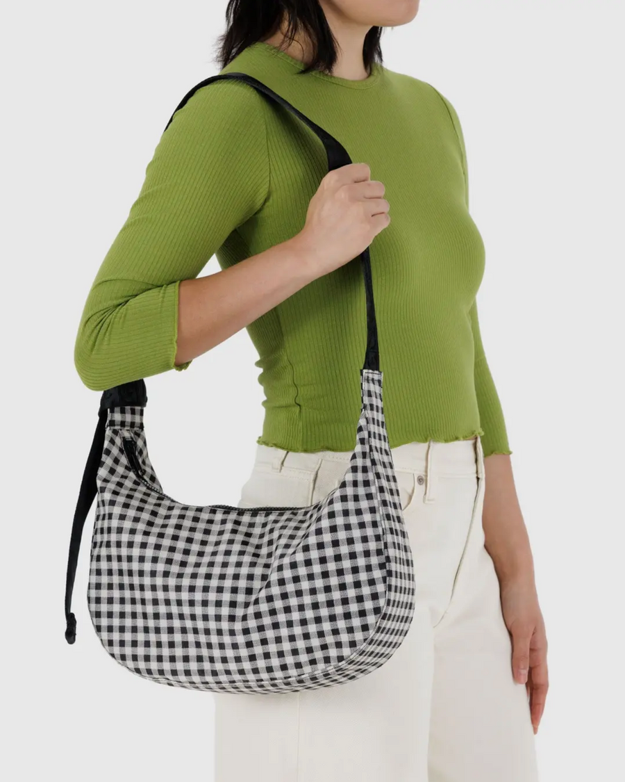 Medium Nylon Crescent Bag in Black & White Gingham