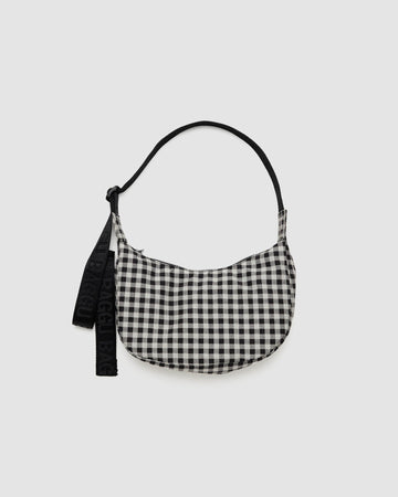 Small Nylon Crescent Bag in Black & White Gingham