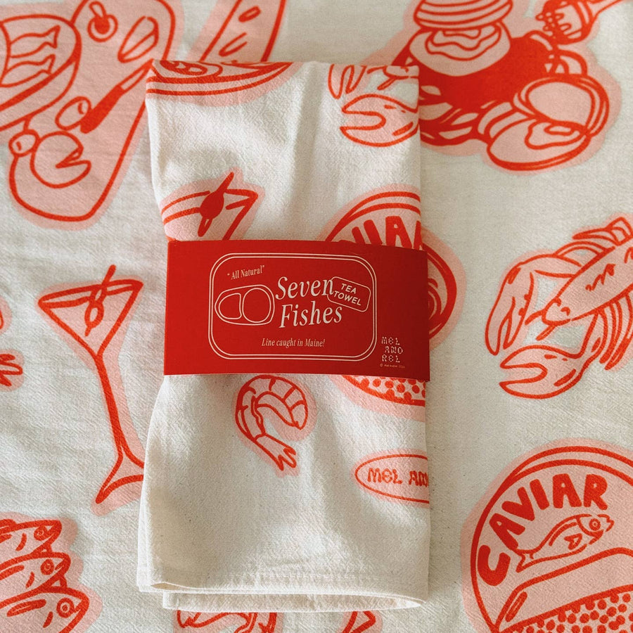 Seven Fishes Tea Towel in Gumdrop