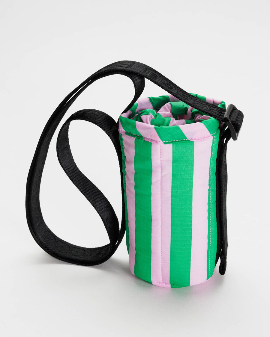 Puffy Water Bottle Sling in Pink Green Awning Stripe