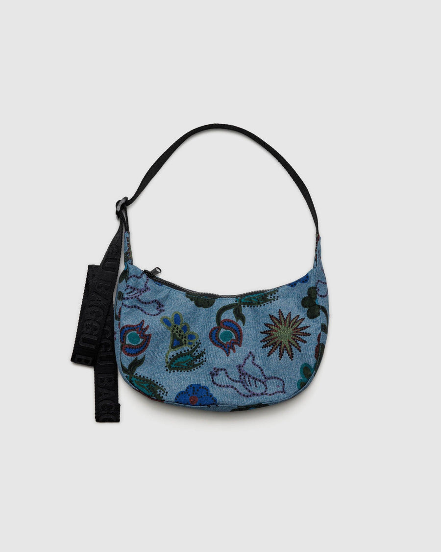 Small Nylon Crescent Bag in Digital Denim Birds